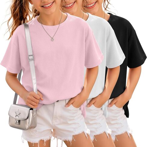 3 Pack Girls Short Sleeve Oversized Waffle Knit T Shirts Kids Crewneck Side Slit Tops Casual Loose Teen Tees 5-14Y in Kuwait