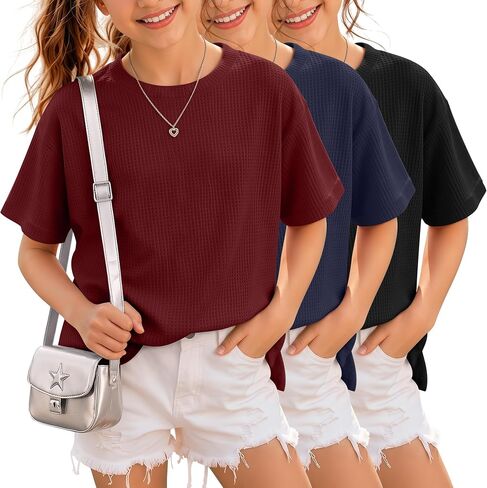 3 Pack Girls Short Sleeve Oversized Waffle Knit T Shirts Kids Crewneck Side Slit Tops Casual Loose Teen Tees 5-14Y in Kuwait