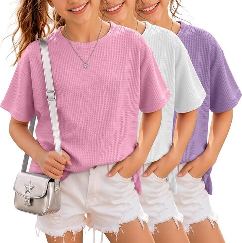 3 Pack Girls Short Sleeve Oversized Waffle Knit T Shirts Kids Crewneck Side Slit Tops Casual Loose Teen Tees 5-14Y in Kuwait