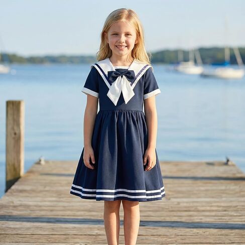 Girls Vintage Sailor Collar Swing Dress 1950s Audrey Hepburn Style Nautical Theme Retro Rockabilly Dress for Birthday Party in Kuwait