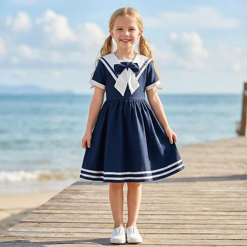 Girls Vintage Sailor Collar Swing Dress 1950s Audrey Hepburn Style Nautical Theme Retro Rockabilly Dress for Birthday Party in Kuwait