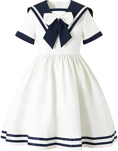 Girls Vintage Sailor Collar Swing Dress 1950s Audrey Hepburn Style Nautical Theme Retro Rockabilly Dress for Birthday Party in Kuwait