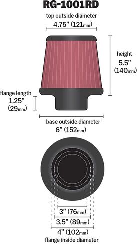 K&N Universal Clamp-On Air Intake Filter: High Performance Premium, Washable, Replacement Filter: Flange Diameter: 4 In, Filter Height: 5.5 In, Flange Length: 1.125 In, Shape: Round Tapered, RG-1001RD in Saudi Arabia