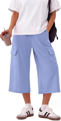 Neer Women's Cargo Capris Wide Leg Casual Loose Sweatpants Baggy Elastic Waist Summer Cropped Pants with 4 Pockets in Kuwait
