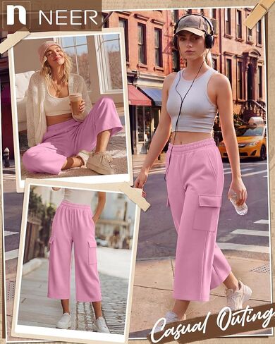 Neer Women's Cargo Capris Wide Leg Casual Loose Sweatpants Baggy Elastic Waist Summer Cropped Pants with 4 Pockets in Kuwait
