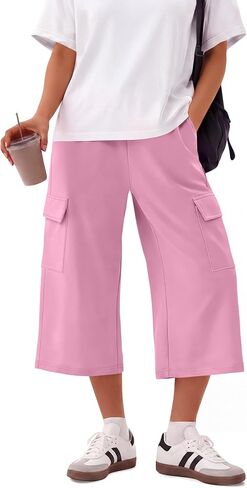 Neer Women's Cargo Capris Wide Leg Casual Loose Sweatpants Baggy Elastic Waist Summer Cropped Pants with 4 Pockets in Kuwait