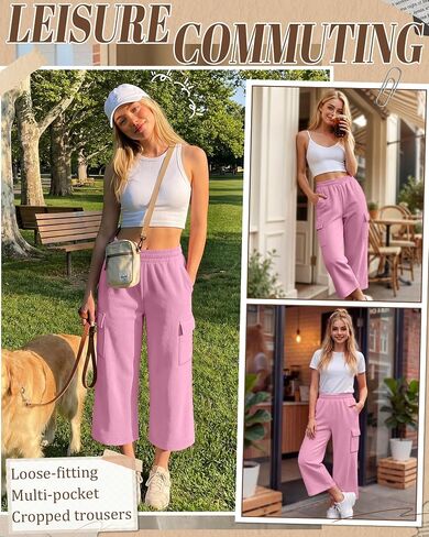 Neer Women's Cargo Capris Wide Leg Casual Loose Sweatpants Baggy Elastic Waist Summer Cropped Pants with 4 Pockets in Kuwait
