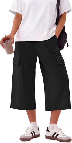 Neer Women's Cargo Capris Wide Leg Casual Loose Sweatpants Baggy Elastic Waist Summer Cropped Pants with 4 Pockets in Kuwait