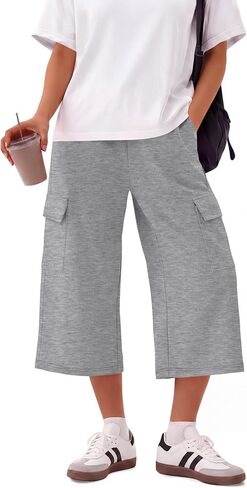 Neer Women's Cargo Capris Wide Leg Casual Loose Sweatpants Baggy Elastic Waist Summer Cropped Pants with 4 Pockets in Kuwait