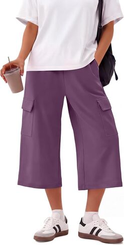 Neer Women's Cargo Capris Wide Leg Casual Loose Sweatpants Baggy Elastic Waist Summer Cropped Pants with 4 Pockets in Kuwait