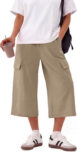 Neer Women's Cargo Capris Wide Leg Casual Loose Sweatpants Baggy Elastic Waist Summer Cropped Pants with 4 Pockets in Kuwait