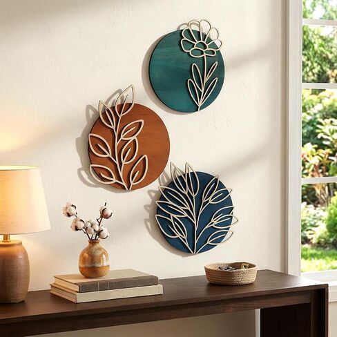 Yerliker 3 Pcs Boho Floral Wall Decor Rustic Wooden Geometric Openwork Botanical Wall Art 7.9 Inch Minimalist Aesthetic Bohemian Wood Hanging Decor for Bedroom Living Room Bathroom Apartment in Kuwait