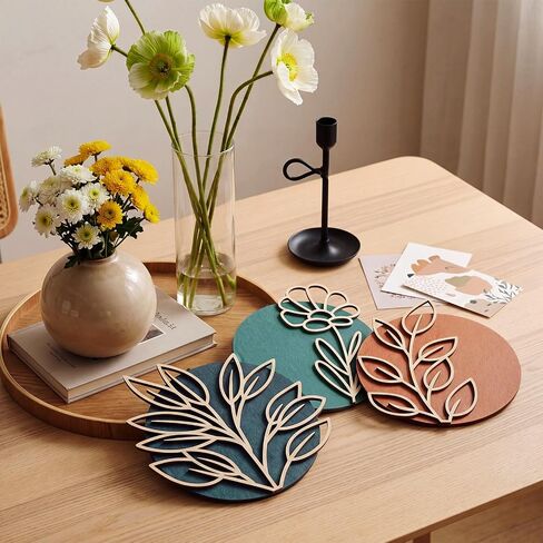 Yerliker 3 Pcs Boho Floral Wall Decor Rustic Wooden Geometric Openwork Botanical Wall Art 7.9 Inch Minimalist Aesthetic Bohemian Wood Hanging Decor for Bedroom Living Room Bathroom Apartment in Kuwait