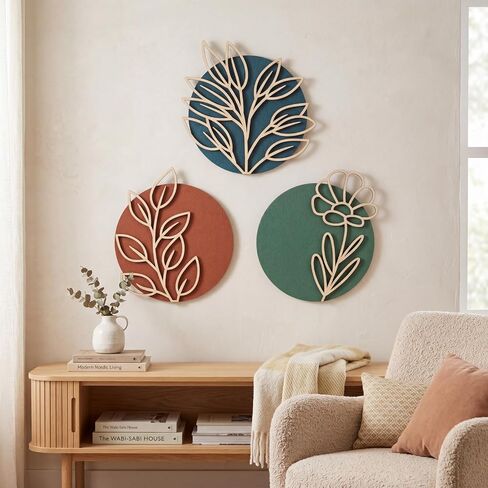 Yerliker 3 Pcs Boho Floral Wall Decor Rustic Wooden Geometric Openwork Botanical Wall Art 7.9 Inch Minimalist Aesthetic Bohemian Wood Hanging Decor for Bedroom Living Room Bathroom Apartment in Kuwait