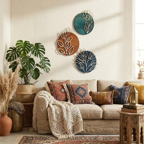 Yerliker 3 Pcs Boho Floral Wall Decor Rustic Wooden Geometric Openwork Botanical Wall Art 7.9 Inch Minimalist Aesthetic Bohemian Wood Hanging Decor for Bedroom Living Room Bathroom Apartment in Kuwait