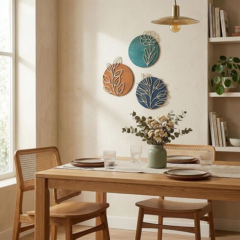 Yerliker 3 Pcs Boho Floral Wall Decor Rustic Wooden Geometric Openwork Botanical Wall Art 7.9 Inch Minimalist Aesthetic Bohemian Wood Hanging Decor for Bedroom Living Room Bathroom Apartment in Kuwait