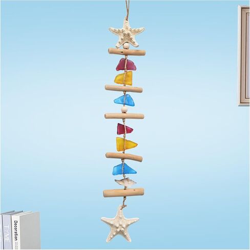 JQAQJU Colored Sea Glass Coastal Wall Decor, Beach Room Decor with Starfish Driftwood Hanging for Home Indoor Outdoor, Nautical Ocean Theme Bathroom Home Decorations for Living Room, Bedroom in Saudi Arabia