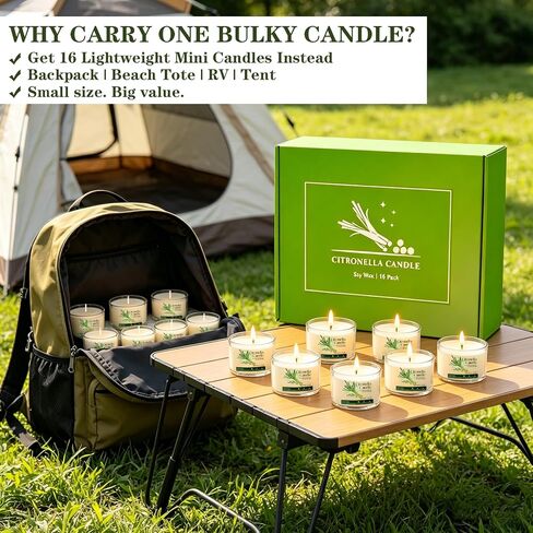 Citronella Candles Outdoor, 16 Pack 1.5oz, Long Burning Portable Travel Size Soy Wax Candles with Natural Citronella Oil, Small Acrylic Jar Candle Set for Patio, Backyard, Camping, Indoor Outside in Saudi Arabia