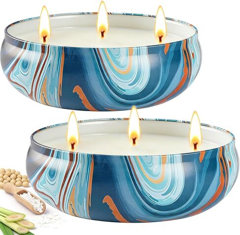 Citronella Candles Outdoor for Patio, 12oz Large 3-Wick Natural Soy Wax Candle, 2 Pack, Total 160H Long Lasting Citronella Oil Candle with Lids, Blue Marble Tin for Backyard, Deck, Camping, Indoor in Saudi Arabia