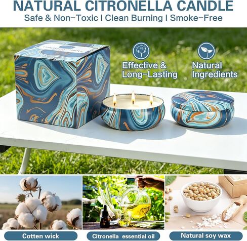 Citronella Candles Outdoor for Patio, 12oz Large 3-Wick Natural Soy Wax Candle, 2 Pack, Total 160H Long Lasting Citronella Oil Candle with Lids, Blue Marble Tin for Backyard, Deck, Camping, Indoor in Saudi Arabia