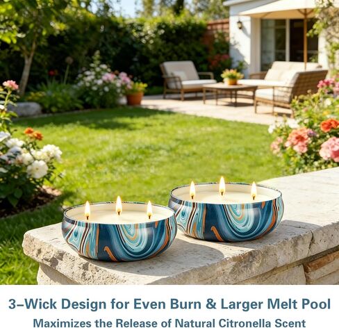 Citronella Candles Outdoor for Patio, 12oz Large 3-Wick Natural Soy Wax Candle, 2 Pack, Total 160H Long Lasting Citronella Oil Candle with Lids, Blue Marble Tin for Backyard, Deck, Camping, Indoor in Saudi Arabia
