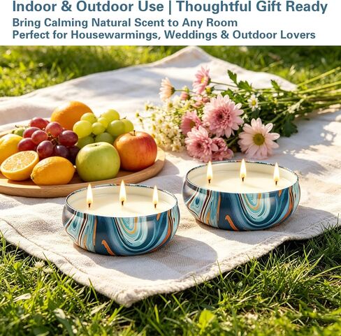 Citronella Candles Outdoor for Patio, 12oz Large 3-Wick Natural Soy Wax Candle, 2 Pack, Total 160H Long Lasting Citronella Oil Candle with Lids, Blue Marble Tin for Backyard, Deck, Camping, Indoor in Saudi Arabia