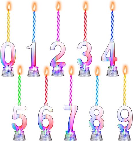 Boao 50 Pcs Birthday Number Candle Set Includes 10 Pcs Multicolor LED Flashing Number Candles with Transparent Shell and 40 Pcs Wax Candles(Colored Candle Style) in Kuwait
