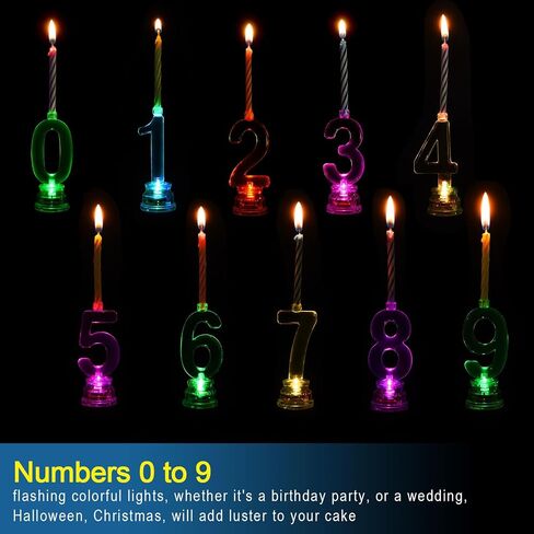 Boao 50 Pcs Birthday Number Candle Set Includes 10 Pcs Multicolor LED Flashing Number Candles with Transparent Shell and 40 Pcs Wax Candles(Colored Candle Style) in Kuwait