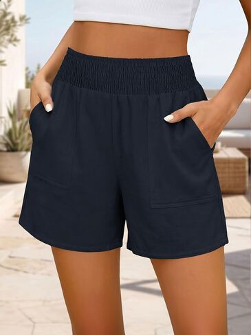 Linen Shorts for Women High Waisted Wide Leg Loose Fit Lightweight Casual Shorts with Pockets in Kuwait