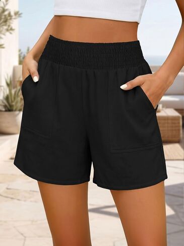 Linen Shorts for Women High Waisted Wide Leg Loose Fit Lightweight Casual Shorts with Pockets in Kuwait