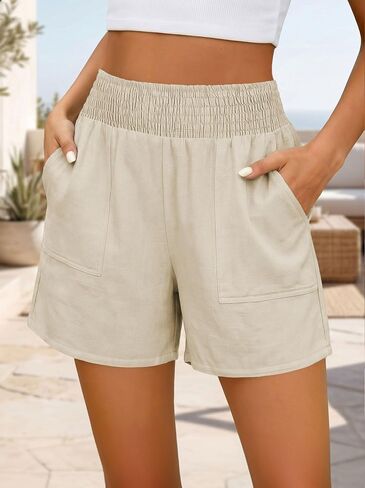 Linen Shorts for Women High Waisted Wide Leg Loose Fit Lightweight Casual Shorts with Pockets in Kuwait