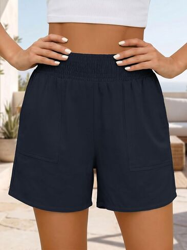 Linen Shorts for Women High Waisted Wide Leg Loose Fit Lightweight Casual Shorts with Pockets in Kuwait