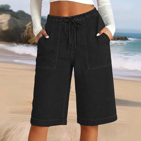 Women's Elastic High Waist Bermuda Shorts Relaxed Fit Walking Shorts with Pockets and Drawstring in Kuwait
