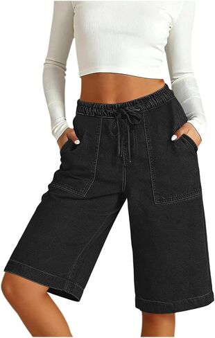 Women's Elastic High Waist Bermuda Shorts Relaxed Fit Walking Shorts with Pockets and Drawstring in Kuwait