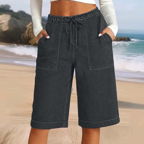 Women's Elastic High Waist Bermuda Shorts Relaxed Fit Walking Shorts with Pockets and Drawstring in Kuwait