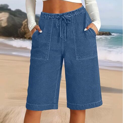 Women's Elastic High Waist Bermuda Shorts Relaxed Fit Walking Shorts with Pockets and Drawstring in Kuwait