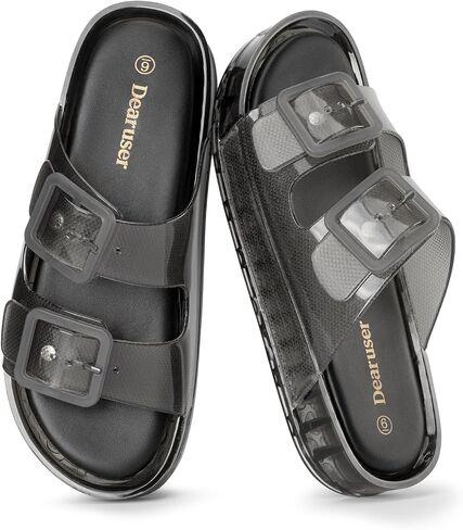 Black Sandals Slides for Women Slip On Double Buckle Adjustable Non Slip Beach Thick Translucent Sandals for Summer Travel Vacation Shower Wear Size 7 in Saudi Arabia