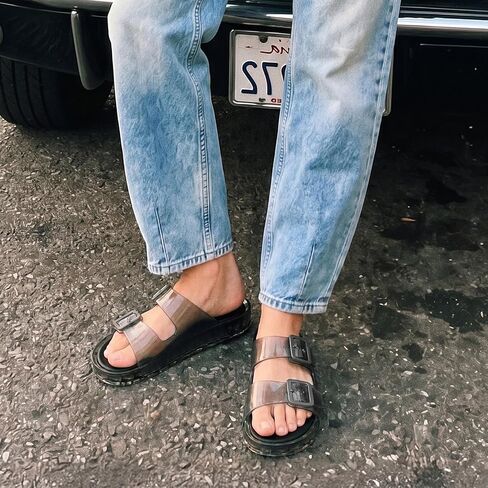 Black Sandals Slides for Women Slip On Double Buckle Adjustable Non Slip Beach Thick Translucent Sandals for Summer Travel Vacation Shower Wear Size 7 in Saudi Arabia