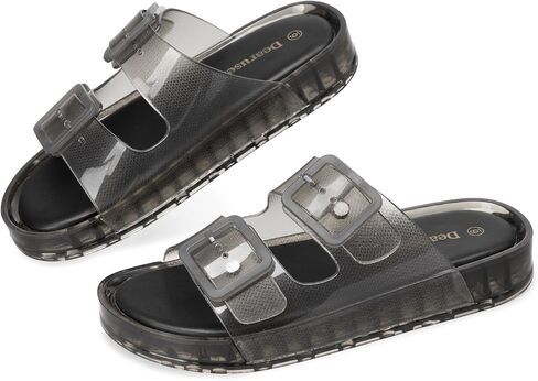 Black Sandals Slides for Women Slip On Double Buckle Adjustable Non Slip Beach Thick Translucent Sandals for Summer Travel Vacation Shower Wear Size 7 in Saudi Arabia