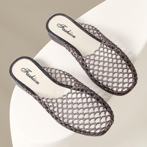 Women's Clear Jelly Mesh Slides Sandals Casual Comfortable Closed Round Toe Slip On Transparent Low Heel Mules for Summer Daily Vacation Anti-Slip Beach Jellies Slippers in Saudi Arabia