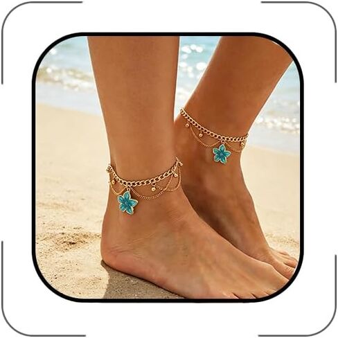 INENIMARTJ Flower Anklets Bracelets for Women Gold Layering Link Chain Flower Charms Anklets Boho Statement Flowers Ankle Bracelet Summer Beach Floral Foot Jewelry for Vacation in Kuwait