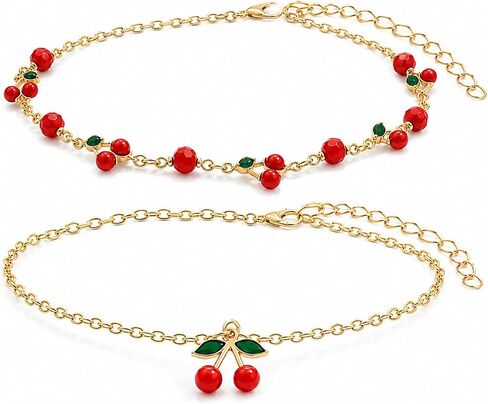 Gold Anklets for Women, Adjustable Cherry Bell Layered Charm Anklet | Waterproof and durable ankle bracelets with cherry charms, gift pouch included, perfect for summer beach outfits in Saudi Arabia