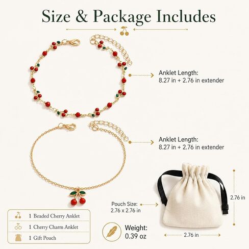 Gold Anklets for Women, Adjustable Cherry Bell Layered Charm Anklet | Waterproof and durable ankle bracelets with cherry charms, gift pouch included, perfect for summer beach outfits in Saudi Arabia