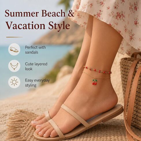 Gold Anklets for Women, Adjustable Cherry Bell Layered Charm Anklet | Waterproof and durable ankle bracelets with cherry charms, gift pouch included, perfect for summer beach outfits in Saudi Arabia
