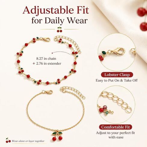 Gold Anklets for Women, Adjustable Cherry Bell Layered Charm Anklet | Waterproof and durable ankle bracelets with cherry charms, gift pouch included, perfect for summer beach outfits in Saudi Arabia