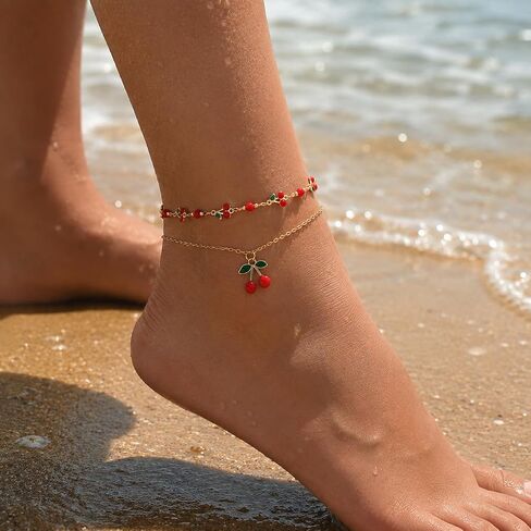 Gold Anklets for Women, Adjustable Cherry Bell Layered Charm Anklet | Waterproof and durable ankle bracelets with cherry charms, gift pouch included, perfect for summer beach outfits in Saudi Arabia