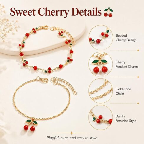 Gold Anklets for Women, Adjustable Cherry Bell Layered Charm Anklet | Waterproof and durable ankle bracelets with cherry charms, gift pouch included, perfect for summer beach outfits in Saudi Arabia