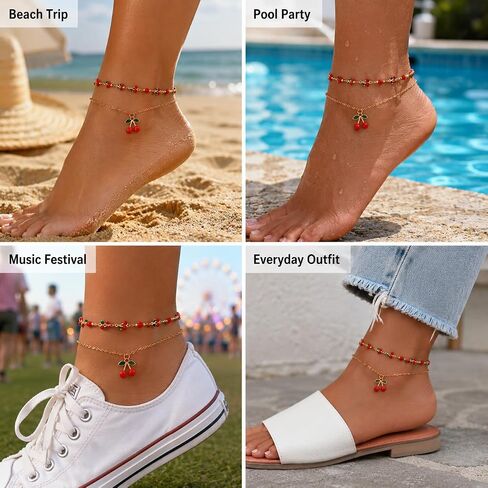 Gold Anklets for Women, Adjustable Cherry Bell Layered Charm Anklet | Waterproof and durable ankle bracelets with cherry charms, gift pouch included, perfect for summer beach outfits in Saudi Arabia