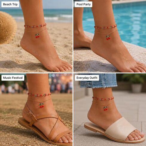 Gold Anklets for Women, Adjustable Cherry Bell Layered Charm Anklet | Waterproof and durable ankle bracelets with cherry charms, gift pouch included, perfect for summer beach outfits in Saudi Arabia