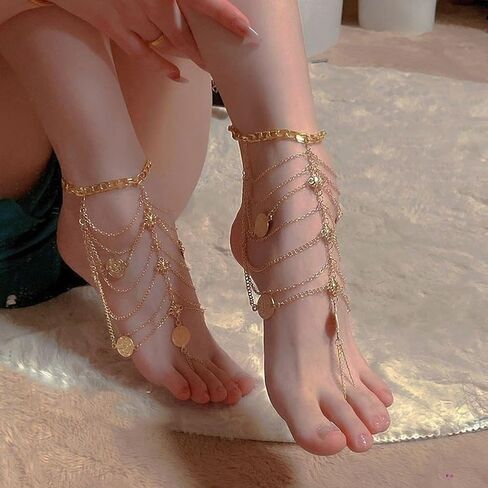 Dainty Toe Ring Chain Anklet Set, Adjustable Beach Foot Jewelry, Bohemian Barefoot Sandals Link Chain Ankle Bracelet for Women, Summer Wedding Boho Foot Chain Jewelry in Saudi Arabia